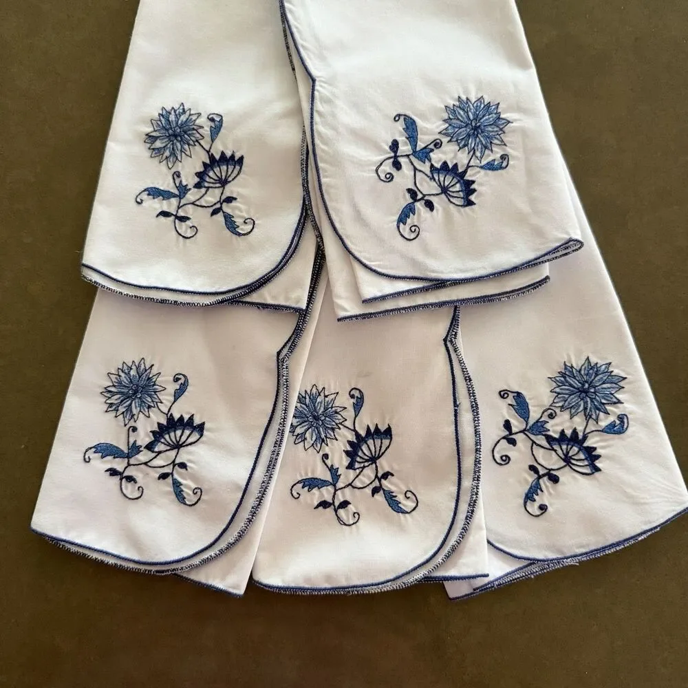 Five (5) B.M. Jabara And Sons Blue Floral Blue White Emboidered Floral Napkins